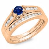 0.75 Carat (ctw) 10K Rose Gold Round Blue Sapphire & White Diamond Ladies Bridal Engagement Ring Matching Band Set 3/4 CT