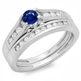 0.75 Carat (ctw) 10K White Gold Round Blue Sapphire & White Diamond Ladies Bridal Engagement Ring Matching Band Set 3/4 CT