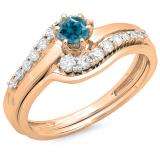 0.55 Carat (ctw) 10K Rose Gold Round Blue & White Diamond Ladies Twisted Style Bridal Engagement Ring With Matching Band Set 1/2 CT