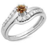 0.55 Carat (ctw) 10K White Gold Round Champagne & White Diamond Ladies Twisted Style Bridal Engagement Ring With Matching Band Set 1/2 CT