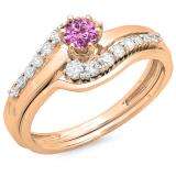 0.55 Carat (ctw) 10K Rose Gold Round Pink Sapphire & White Diamond Ladies Twisted Style Bridal Engagement Ring With Matching Band Set 1/2 CT