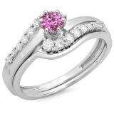 0.55 Carat (ctw) 10K White Gold Round Pink Sapphire & White Diamond Ladies Twisted Style Bridal Engagement Ring With Matching Band Set 1/2 CT
