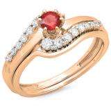 0.55 Carat (ctw) 10K Rose Gold Round Red Ruby & White Diamond Ladies Twisted Style Bridal Engagement Ring With Matching Band Set 1/2 CT