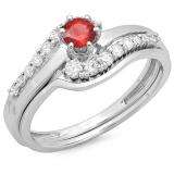 0.55 Carat (ctw) 10K White Gold Round Red Ruby & White Diamond Ladies Twisted Style Bridal Engagement Ring With Matching Band Set 1/2 CT