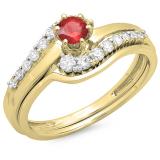 0.55 Carat (ctw) 14K Yellow Gold Round Red Ruby & White Diamond Ladies Twisted Style Bridal Engagement Ring With Matching Band Set 1/2 CT