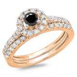 1.00 Carat (ctw) 14K Rose Gold Round Cut Black & White Diamond Ladies Bridal Halo Style Engagement Ring With Matching Band Set 1 CT