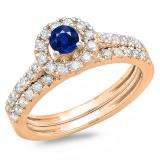 1.00 Carat (ctw) 14K Rose Gold Round Cut Blue Sapphire & White Diamond Ladies Bridal Halo Style Engagement Ring With Matching Band Set 1 CT