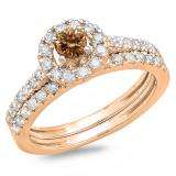 1.00 Carat (ctw) 14K Rose Gold Round Cut Champagne & White Diamond Ladies Bridal Halo Style Engagement Ring With Matching Band Set 1 CT
