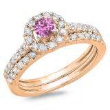 1.00 Carat (ctw) 10K Rose Gold Round Cut Pink Sapphire & White Diamond Ladies Bridal Halo Style Engagement Ring With Matching Band Set 1 CT