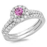 1.00 Carat (ctw) 10K White Gold Round Cut Pink Sapphire & White Diamond Ladies Bridal Halo Style Engagement Ring With Matching Band Set 1 CT
