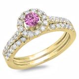 1.00 Carat (ctw) 10K Yellow Gold Round Cut Pink Sapphire & White Diamond Ladies Bridal Halo Style Engagement Ring With Matching Band Set 1 CT