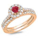 1.00 Carat (ctw) 14K Rose Gold Round Cut Red Ruby & White Diamond Ladies Bridal Halo Style Engagement Ring With Matching Band Set 1 CT