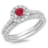 1.00 Carat (ctw) 14K White Gold Round Cut Red Ruby & White Diamond Ladies Bridal Halo Style Engagement Ring With Matching Band Set 1 CT