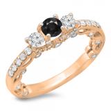1.15 Carat (ctw) 10K Rose Gold Round Cut Black & White Diamond Ladies Bridal Vintage 3 Stone Engagement Ring