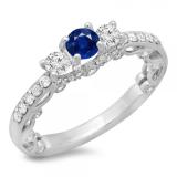 1.15 Carat (ctw) 10K White Gold Round Cut Blue Sapphire & White Diamond Ladies Bridal Vintage 3 Stone Engagement Ring