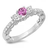 1.15 Carat (ctw) 10K White Gold Round Cut Pink Sapphire & White Diamond Ladies Bridal Vintage 3 Stone Engagement Ring