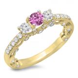 1.15 Carat (ctw) 10K Yellow Gold Round Cut Pink Sapphire & White Diamond Ladies Bridal Vintage 3 Stone Engagement Ring
