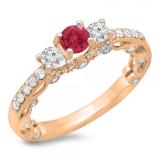 1.15 Carat (ctw) 10K Rose Gold Round Cut Red Ruby & White Diamond Ladies Bridal Vintage 3 Stone Engagement Ring