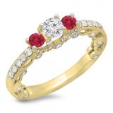 1.15 Carat (ctw) 14K Yellow Gold Round Cut Red Ruby & White Diamond Ladies Bridal Vintage 3 Stone Engagement Ring