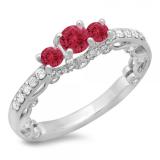 1.15 Carat (ctw) 10K White Gold Round Cut Red Ruby & White Diamond Ladies Bridal Vintage 3 Stone Engagement Ring