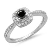 0.50 Carat (ctw) 14K White Gold Round Black & White Diamond Ladies Halo Style Bridal Engagement Ring 1/2 CT