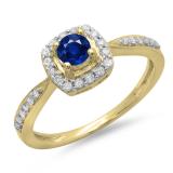 0.50 Carat (ctw) 18K Yellow Gold Round Blue Sapphire & White Diamond Ladies Halo Style Bridal Engagement Ring 1/2 CT
