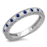 0.33 Carat (ctw) 14K White Gold Round Cut Blue Sapphire & White Diamonds Ladies Milgrain Anniversary Wedding Stackable Band 1/3 CT