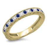 0.33 Carat (ctw) 14K Yellow Gold Round Cut Blue Sapphire & White Diamonds Ladies Milgrain Anniversary Wedding Stackable Band 1/3 CT