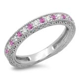 0.33 Carat (ctw) 14K White Gold Round Cut Pink Sapphire & White Diamonds Ladies Milgrain Anniversary Wedding Stackable Band 1/3 CT