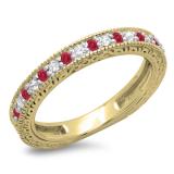 0.33 Carat (ctw) 14K Yellow Gold Round Cut Red Ruby & White Diamonds Ladies Milgrain Anniversary Wedding Stackable Band 1/3 CT