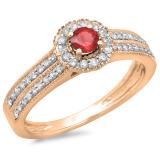 0.50 Carat (ctw) 18K Rose Gold Round Red Ruby  & White Diamond Ladies Bridal Halo Style Cluster Engagement Ring 1/2 CT