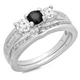 1.10 Carat (ctw) 10K White Gold Round Black & White Diamond Ladies Bridal 3 Stone Engagement Ring With Matching Band Set 1 CT