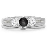 1.10 Carat (ctw) 10K White Gold Round Black & White Diamond Ladies Bridal 3 Stone Engagement Ring With Matching Band Set 1 CT
