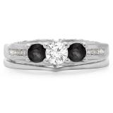 1.10 Carat (ctw) 14K White Gold Round Black & White Diamond Ladies Bridal 3 Stone Engagement Ring With Matching Band Set 1 CT