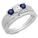 1.10 Carat (ctw) 10K White Gold Round Blue Sapphire & White Diamond Ladies Bridal 3 Stone Engagement Ring With Matching Band Set 1 CT