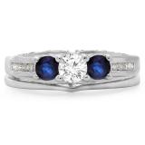 1.10 Carat (ctw) 10K White Gold Round Blue Sapphire & White Diamond Ladies Bridal 3 Stone Engagement Ring With Matching Band Set 1 CT