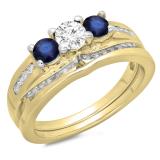 1.10 Carat (ctw) 18K Yellow Gold Round Blue Sapphire & White Diamond Ladies Bridal 3 Stone Engagement Ring With Matching Band Set 1 CT