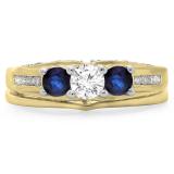 1.10 Carat (ctw) 18K Yellow Gold Round Blue Sapphire & White Diamond Ladies Bridal 3 Stone Engagement Ring With Matching Band Set 1 CT