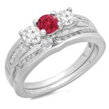 1.10 Carat (ctw) 10K White Gold Round Red Ruby & White Diamond Ladies Bridal 3 Stone Engagement Ring With Matching Band Set 1 CT