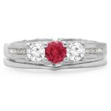 1.10 Carat (ctw) 10K White Gold Round Red Ruby & White Diamond Ladies Bridal 3 Stone Engagement Ring With Matching Band Set 1 CT