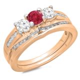 1.10 Carat (ctw) 14K Rose Gold Round Red Ruby & White Diamond Ladies Bridal 3 Stone Engagement Ring With Matching Band Set 1 CT