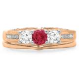 1.10 Carat (ctw) 14K Rose Gold Round Red Ruby & White Diamond Ladies Bridal 3 Stone Engagement Ring With Matching Band Set 1 CT