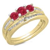 1.10 Carat (ctw) 14K Yellow Gold Round Red Ruby & White Diamond Ladies Bridal 3 Stone Engagement Ring With Matching Band Set 1 CT