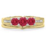 1.10 Carat (ctw) 14K Yellow Gold Round Red Ruby & White Diamond Ladies Bridal 3 Stone Engagement Ring With Matching Band Set 1 CT