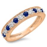 0.50 Carat (ctw) 14K Rose Gold Round Cut Blue Sapphire & White Diamond Ladies Milgrain Anniversary Wedding Stackable Band 1/2 CT