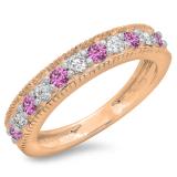 0.50 Carat (ctw) 18K Rose Gold Round Cut Pink Sapphire & White Diamond Ladies Milgrain Anniversary Wedding Stackable Band 1/2 CT