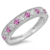 0.50 Carat (ctw) 18K White Gold Round Cut Pink Sapphire & White Diamond Ladies Milgrain Anniversary Wedding Stackable Band 1/2 CT