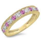 0.50 Carat (ctw) 18K Yellow Gold Round Cut Pink Sapphire & White Diamond Ladies Milgrain Anniversary Wedding Stackable Band 1/2 CT