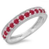 0.50 Carat (ctw) 10K White Gold Round Cut Red Ruby Ladies Milgrain Anniversary Wedding Stackable Band 1/2 CT