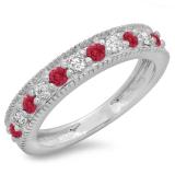 0.50 Carat (ctw) 14K White Gold Round Cut Red Ruby & White Diamond Ladies Milgrain Anniversary Wedding Stackable Band 1/2 CT